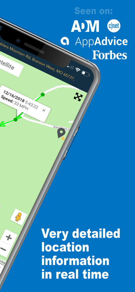 Smartphone screen showing Chirp GPS real time tracking map with speed and location data