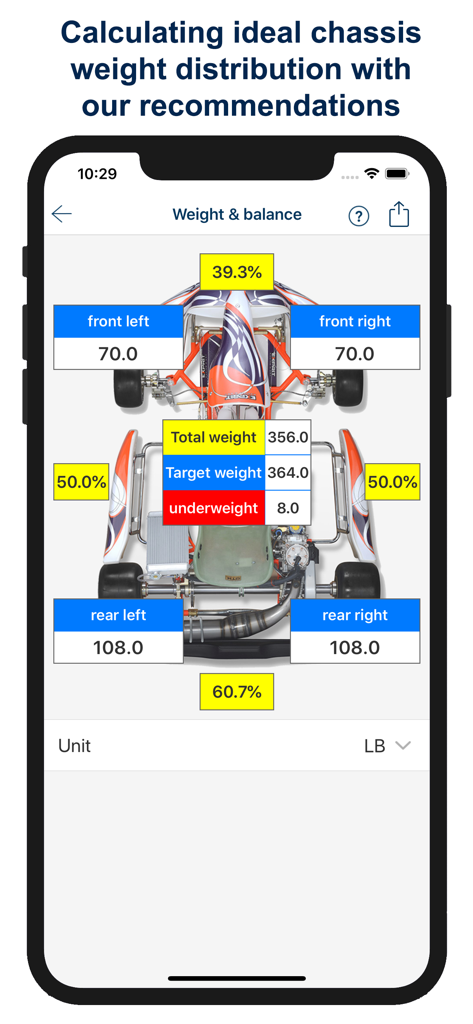Kart weight and balance distribution tool screen