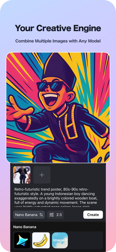 レトロフューチャーなキャラクターとプロンプト編集ツールが表示された AI 画像ジェネレーター、LittyVibe アプリのインターフェイス。