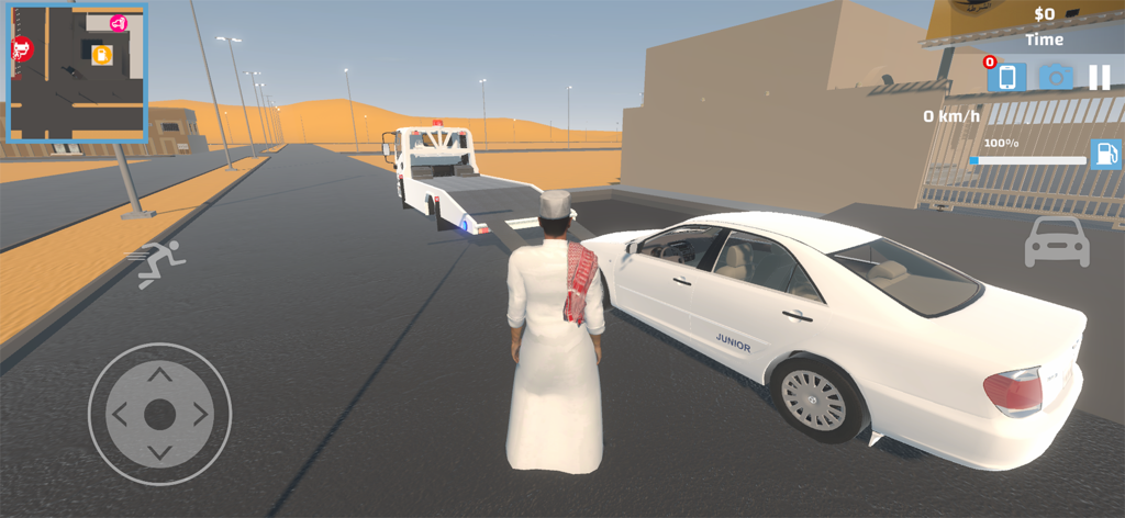 هوزه - Gameplay screenshot of Houzeh showing a character in traditional dress next to a white car and a flatbed tow truck in a desert environment