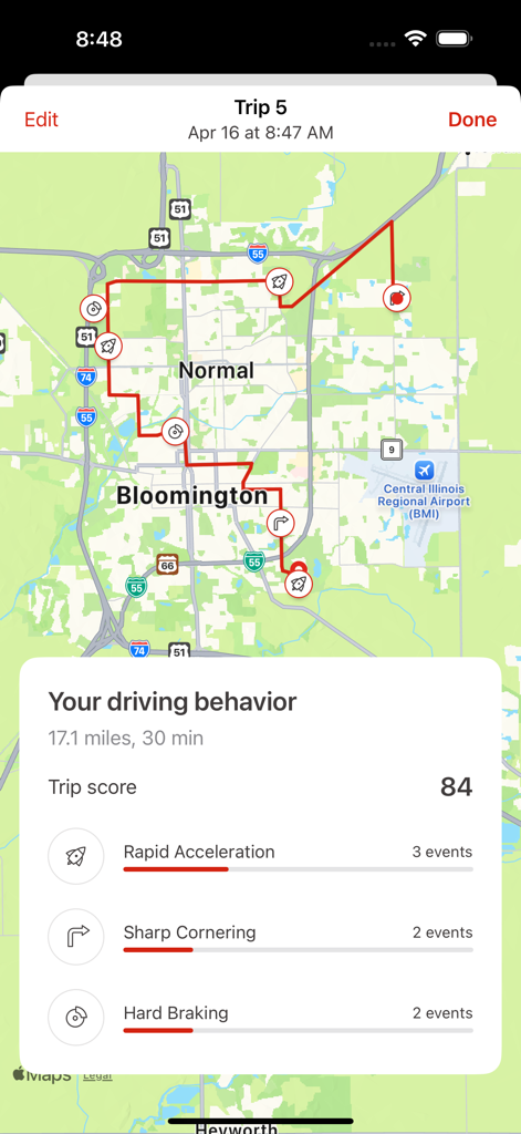 A map showing a driving route with a trip score and feedback on driving behaviors like braking and acceleration