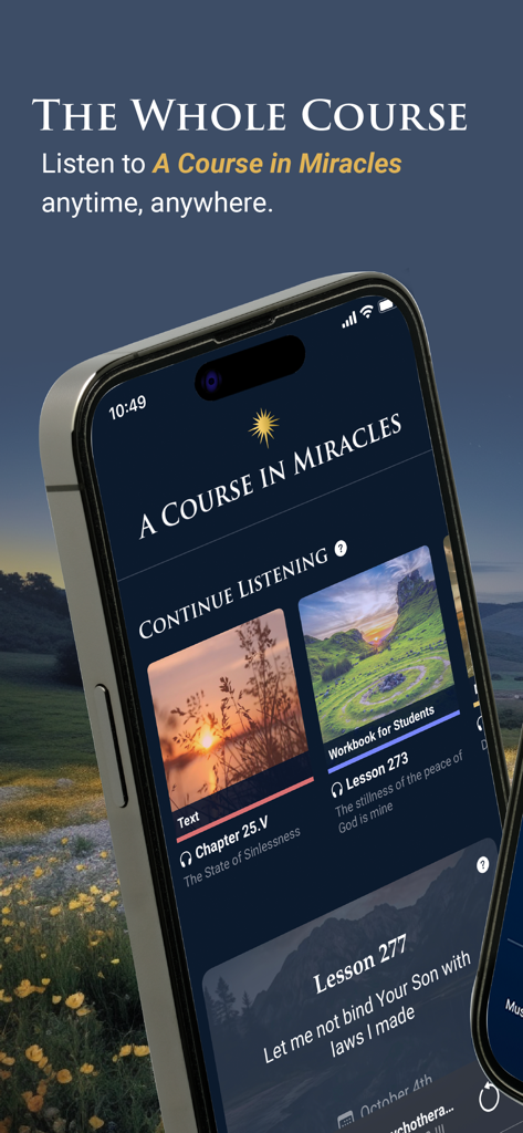A Course in Miracles Audio - Mobile interface of A Course in Miracles Audio app displaying daily lessons and course chapters