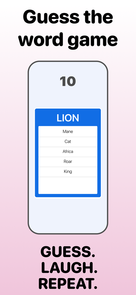 Off Limits Word Guessing Party - Una pantalla de juego móvil que muestra la palabra LEÓN con palabras clave prohibidas como Melena Gato y África