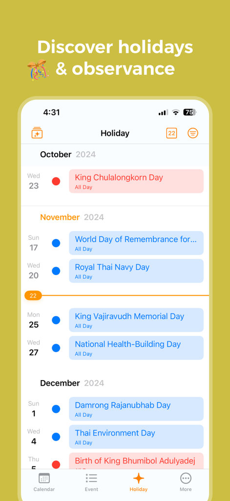 Thai Calendar (2443 to 2643) - Mobile app screen displaying a list of upcoming Thai holidays and cultural observances