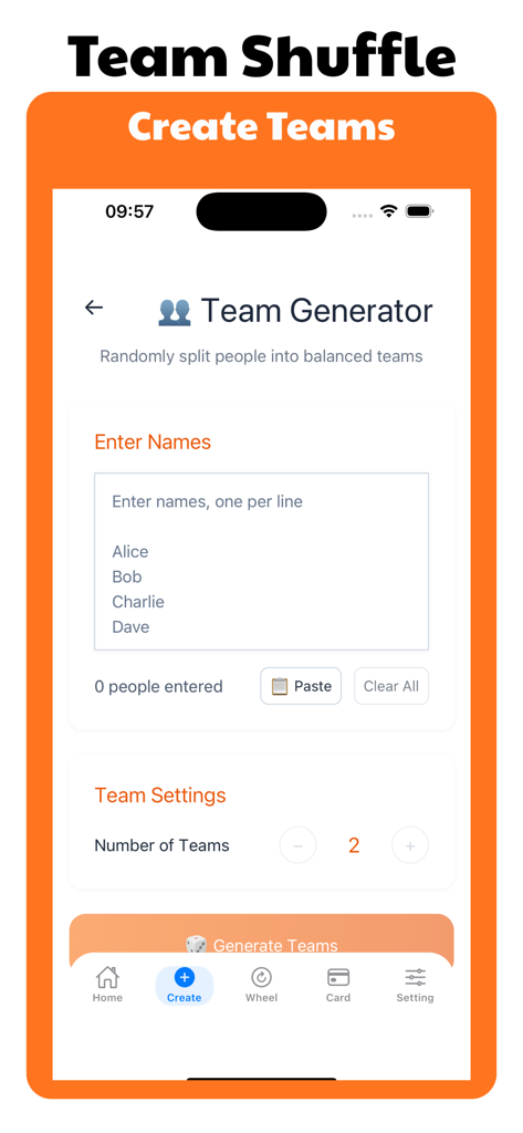 Interface of the Wheel of Names app showing the team generator tool to randomly split people into teams