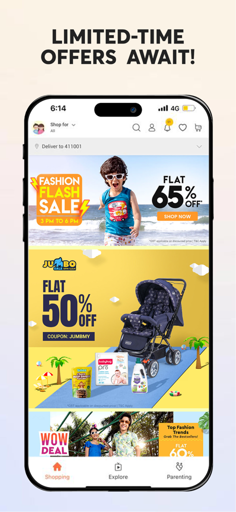Screenshot of the FirstCry India app showing fashion flash sales and jumbo discounts on baby products and clothing.