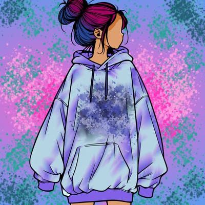 realistic girl with a oversized sweatshirt on and a bun