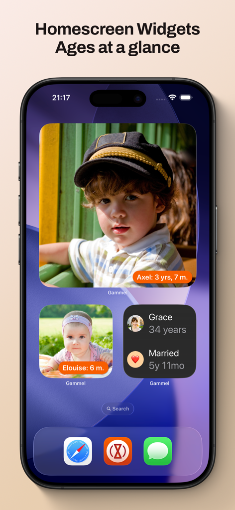 An iPhone home screen featuring Gammel widgets showing photos and tracked ages of children and a marriage anniversary.