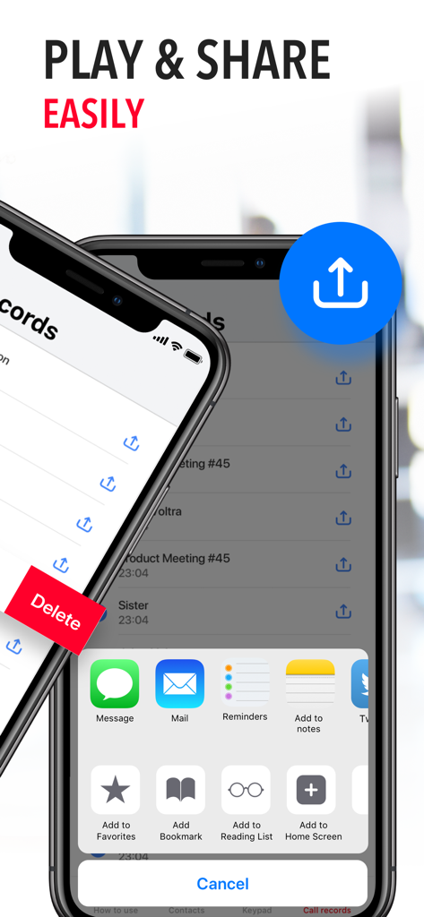 User interface of the Call Recorder for Me app showing options to share and export recorded calls on an iPhone.