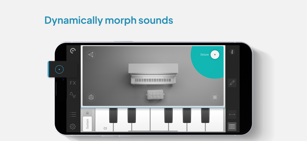Pure Upright - Virtual Piano - App pianoforte virtuale Pure Upright su uno smartphone che mostra il morph pad sonoro interattivo e la tastiera