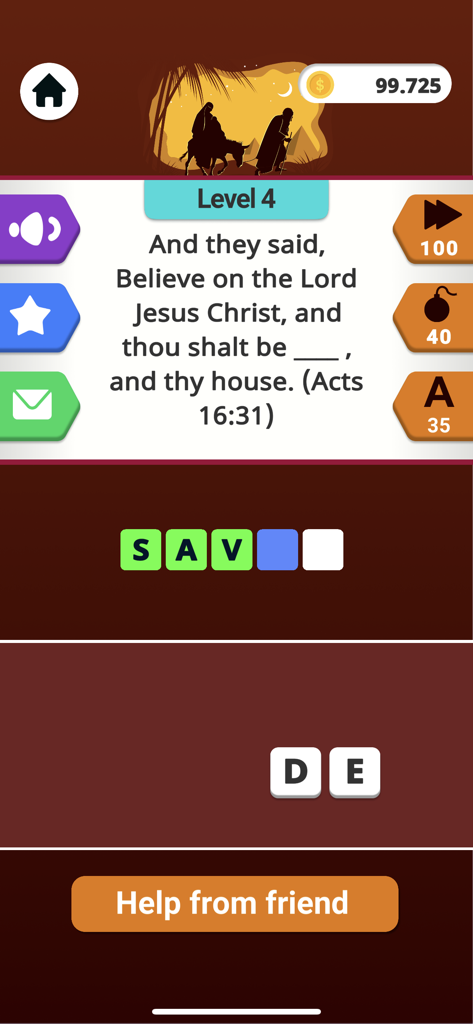 Bible Word Puzzle Games - A Bible word puzzle game interface showing a verse from Acts 16 with letters being filled in
