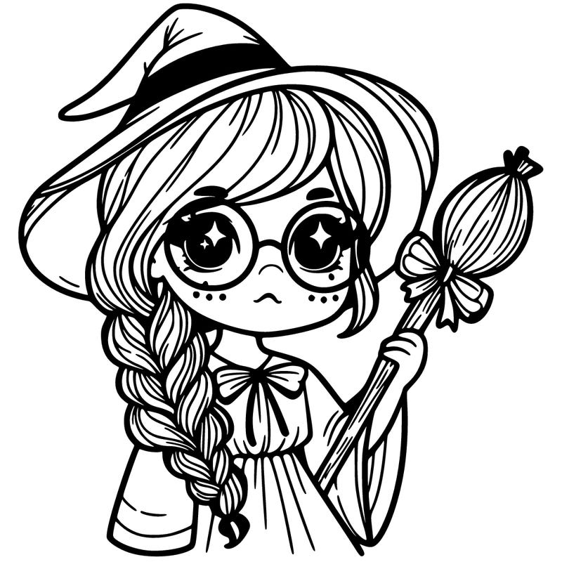 a witch with a braid and two glasses