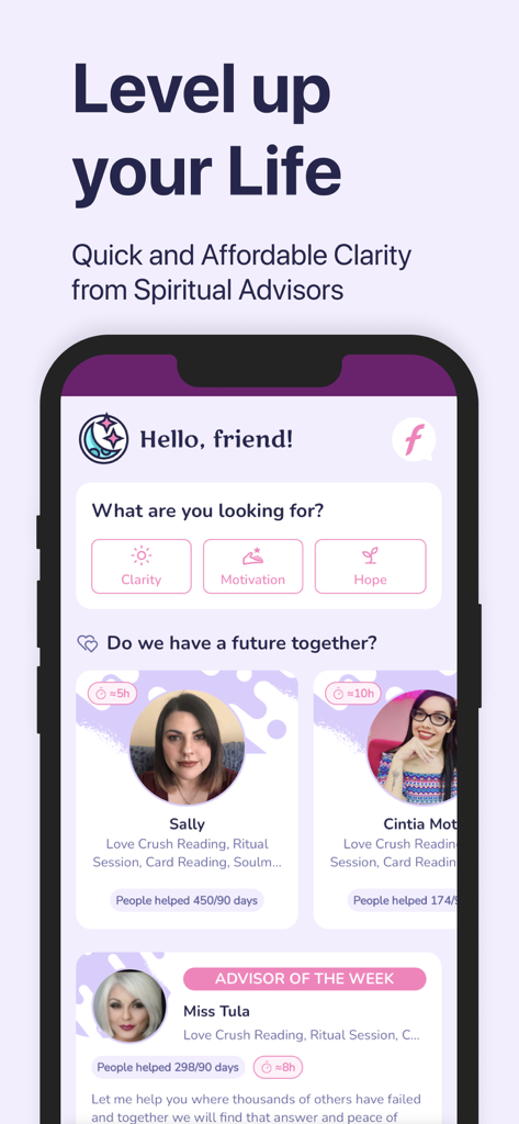 Startbildschirm der Fortunica-App, der Profile von spirituellen Beratern und Optionen für Klarheit, Motivation und Hoffnung Lesungen zeigt