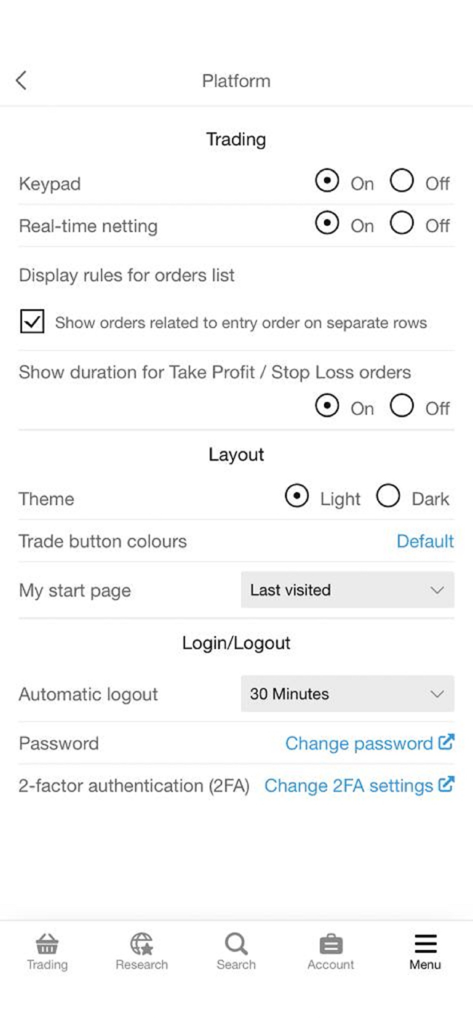 AB Invest Mobile - Settings interface of AB Invest Mobile app showing trading, layout, and security configuration options