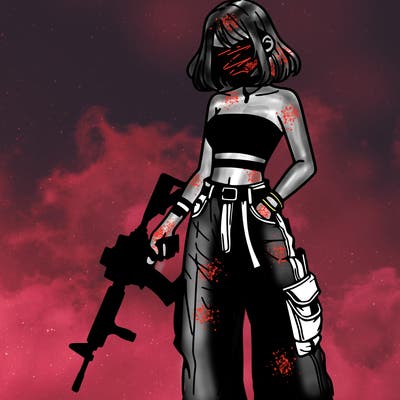 a dangerous girlcrop top and baggy jeans with a rifle in her hand