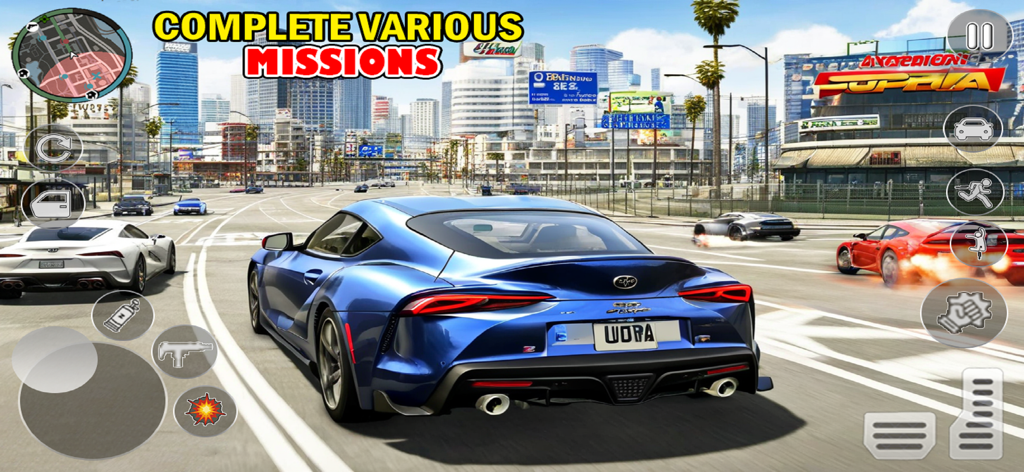 Gangster Crime City Offline - A blue sports car driving through a modern city in the Gangster Crime City Offline mobile game