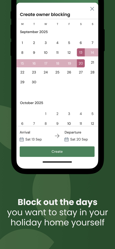 Awaze - A mobile screen showing the Awaze app calendar feature to block out dates for a property owner stay.