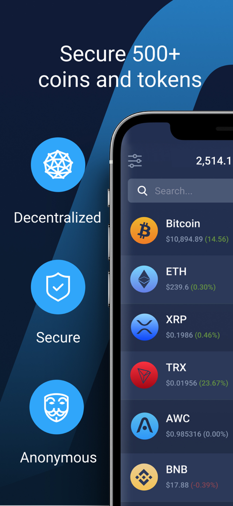 Atomic Wallet - Atomic Wallet mobile App-Oberfläche, die eine Liste von Kryptowährungen mit Schwerpunkt auf Sicherheit, Dezentralisierung und Anonymität anzeigt.