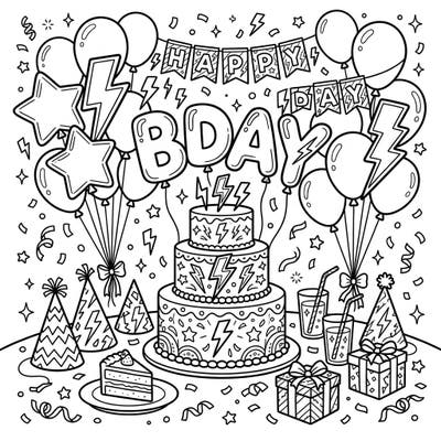 Dive into a celebration filled with electrifying fun! This unique coloring page brings together the excitement of a birthday party with dynamic lightning bolt designs.
