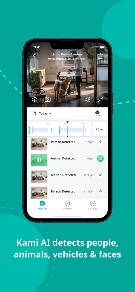 Interface do aplicativo YI Home mostrando alertas de atividade de IA para detecção de pessoa e animal em uma sala de estar