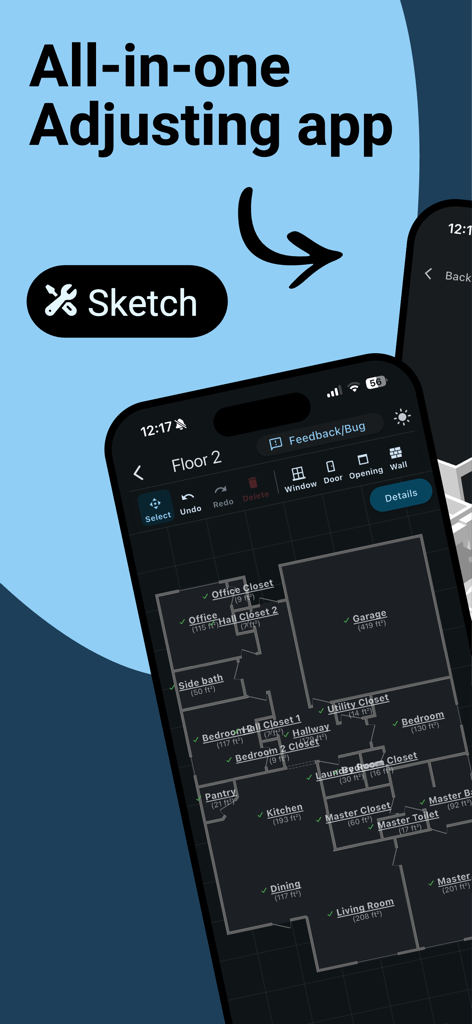 The One Stop Adjuster app interface on an iPhone displaying a detailed floor plan sketch with room measurements