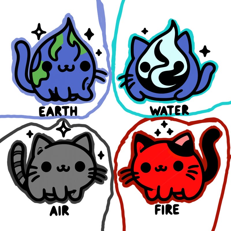 4 cats that represent the different elements, earth, water, air, and fire