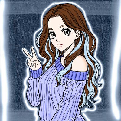 a girl with long hair. make only from her waist up showing and she is wearing g a sweater the is half off her shoulder. she needs to hold one peace sign. make her have no mouth, only have eyes. make her whole body facing the camera. and no black hair.