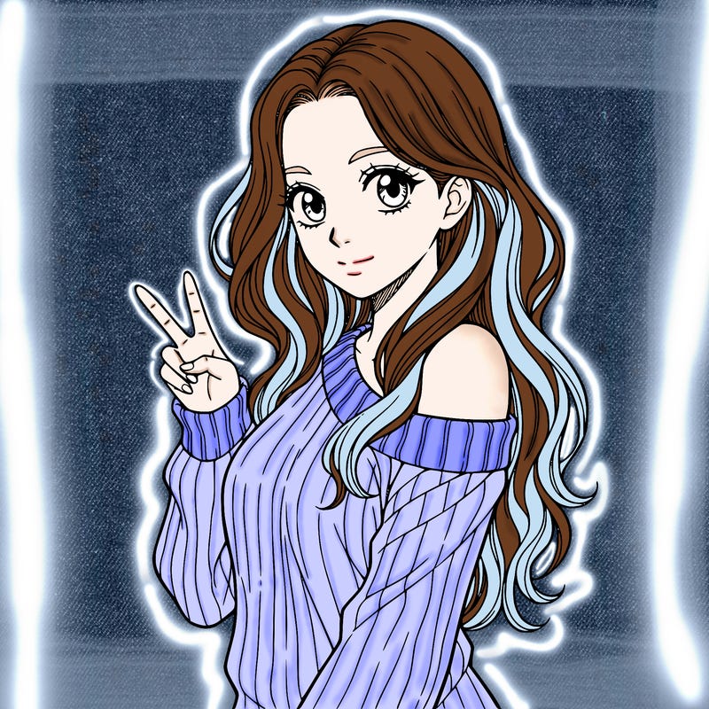 a girl with long hair. make only from her waist up showing and she is wearing g a sweater the is half off her shoulder. she needs to hold one peace sign. make her have no mouth, only have eyes. make her whole body facing the camera. and no black hair.