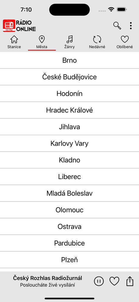 Interface of the Radio Online Ceska app showing a list of Czech cities to browse radio stations.