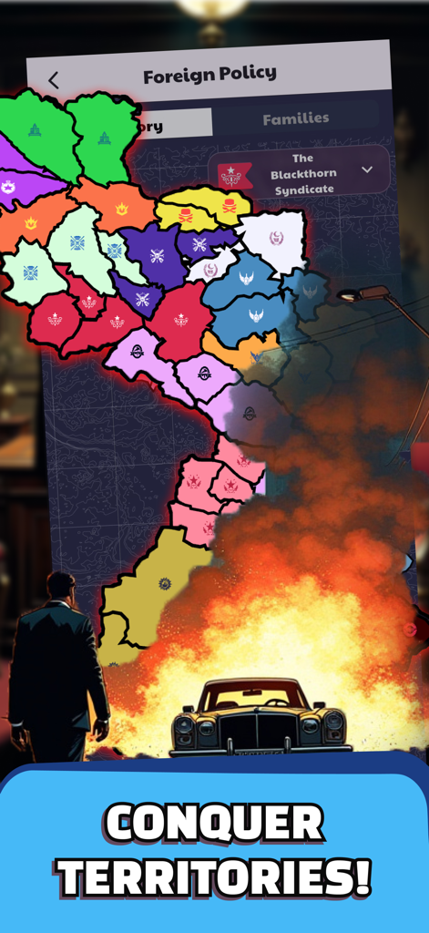 A strategic map of territories in the Mafia Life game with an explosion and a crime boss character looking on.