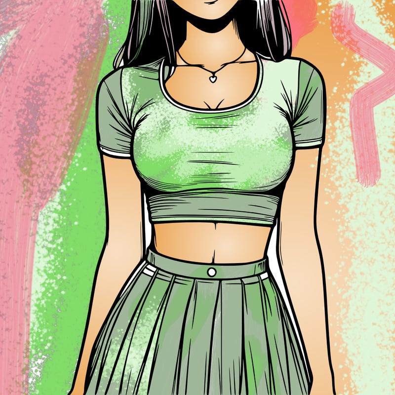 realistic girl wearing crop top and skirt