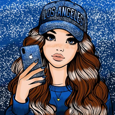 realistic beautiful girl wearing los ángeles cap holding an iphone