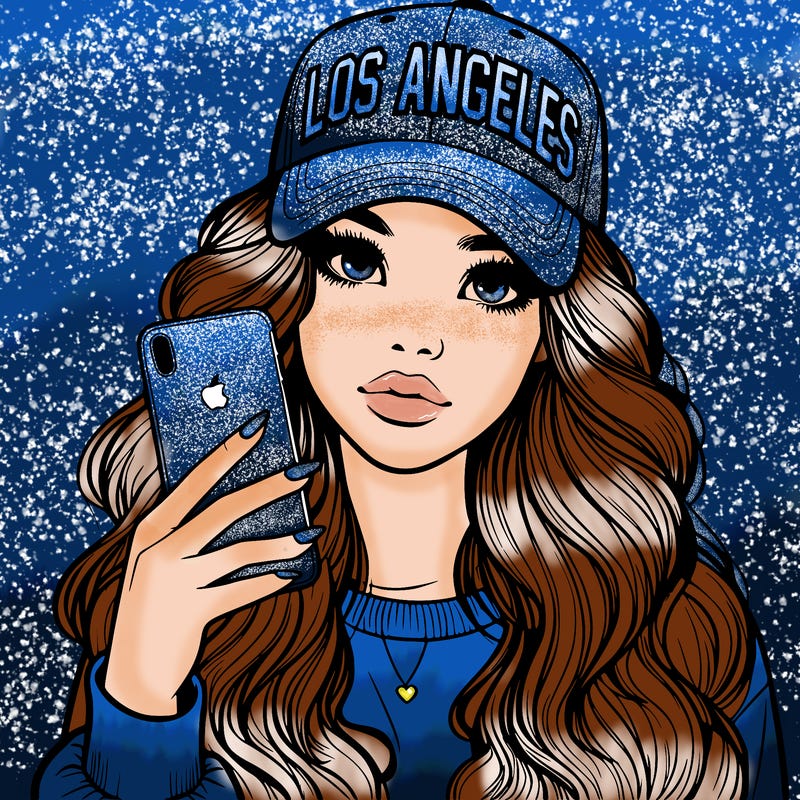 realistic beautiful girl wearing los ángeles cap holding an iphone