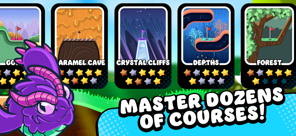 Course selection menu in Super Flappy Golf showing various level themes like Crystal Cliffs and Depths.