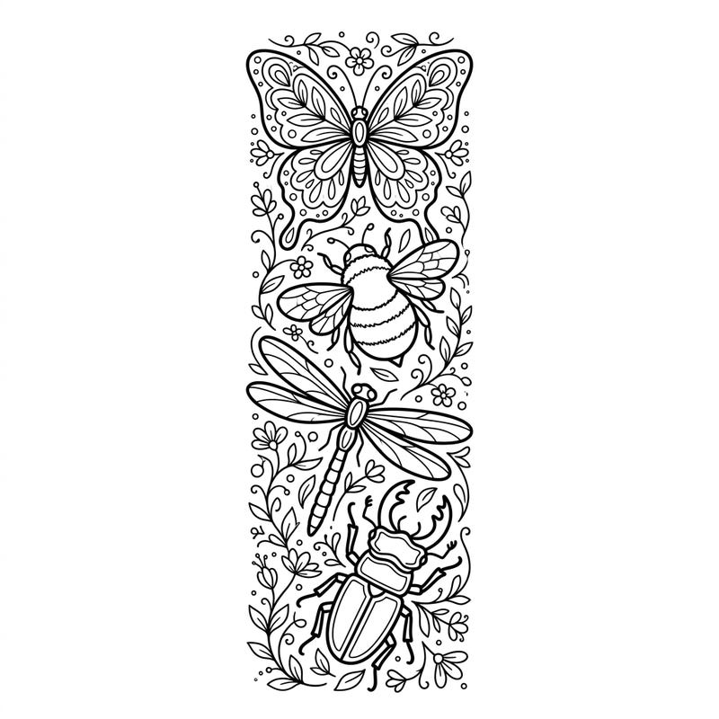 Bring these charming insect figurines to life with your favorite colors on this unique bookmark template. Featuring a delightful arrangement of a butterfly, bee, dragonfly, and beetle, it's perfect for marking your place in any book.
