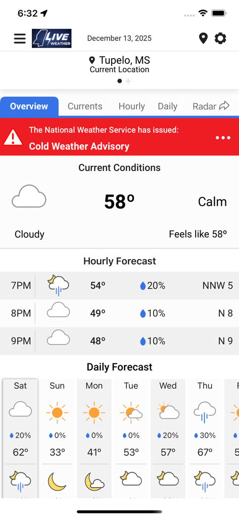 Mississippi LIVE Weather - Application Météo LIVE Mississippi montrant la météo actuelle et les alertes pour Tupelo