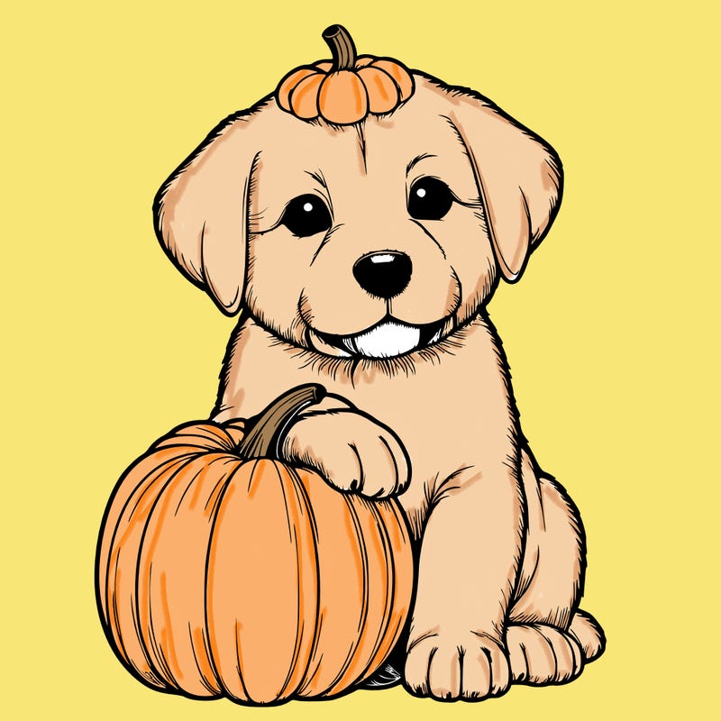 a realistic puppywith a pumpkin on his head