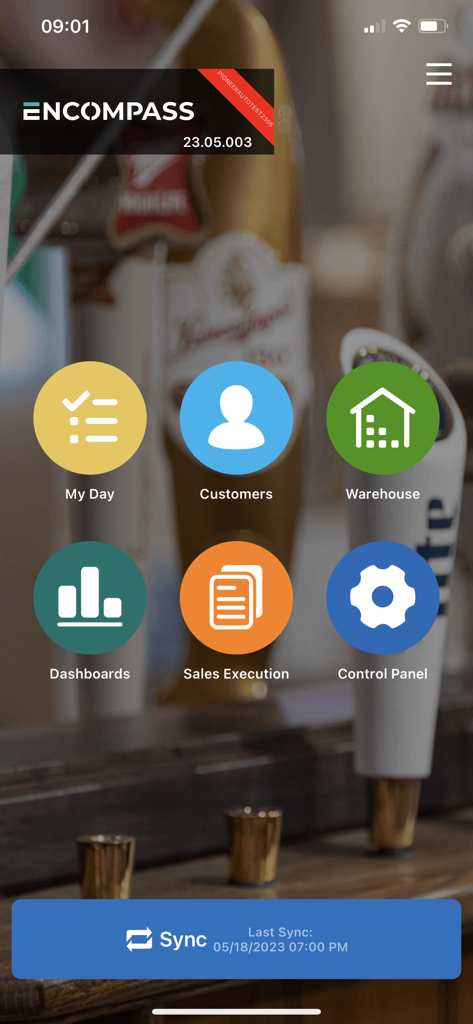 Encompass Mobile App dashboard displaying main menu icons for My Day, Customers, and Sales Execution.