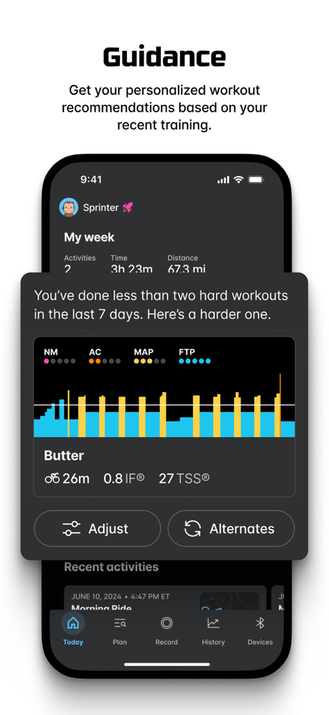 Wahoo - The Wahoo app screen displaying a personalized workout recommendation and training metrics