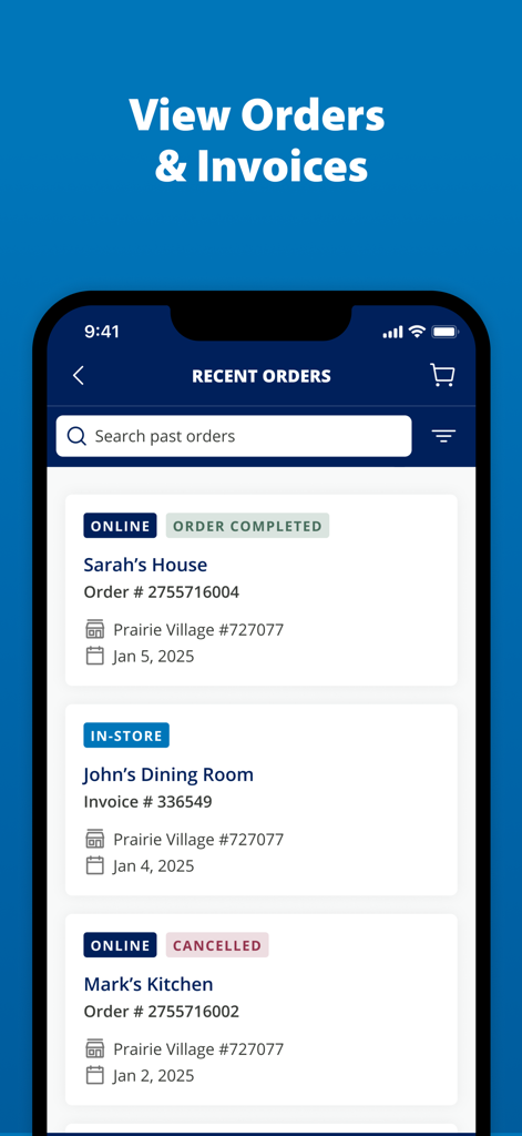 Sherwin-Williams PRO+ - Sherwin-Williams PRO plus app screen showing recent orders and invoices for professional painting projects