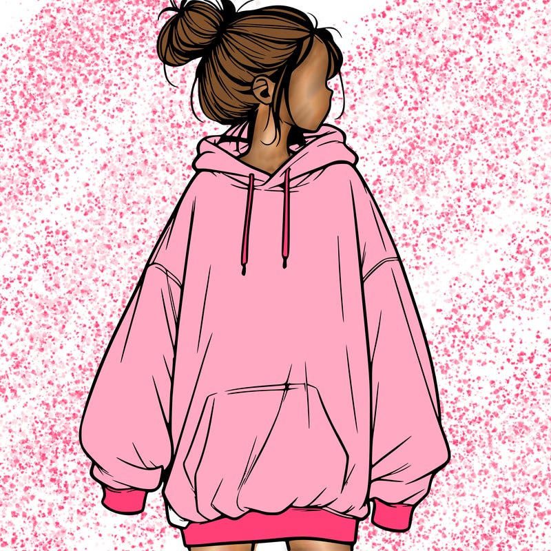 realistic girl with a oversized sweatshirt on and a bun