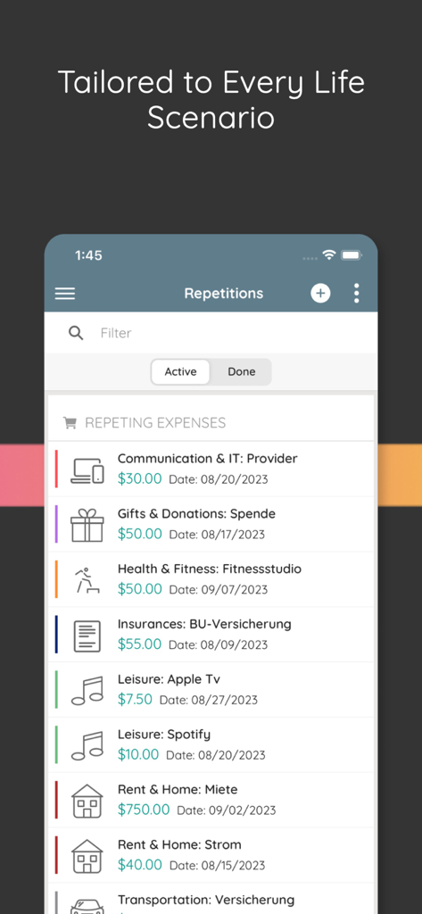 Finfluence - Screenshot of Finfluence app showing a list of repeating expenses including rent, fitness, and streaming subscriptions.