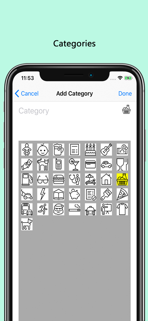 xMoney - Personal Finance - Bildschirm zum Hinzufügen von Kategorien in der xMoney App mit einer Auswahl von Symbolen zur Nachverfolgung persönlicher Ausgaben