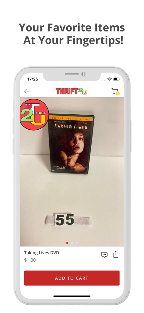 A product page on the Thrift2U mobile app featuring a Taking Lives DVD for one dollar.