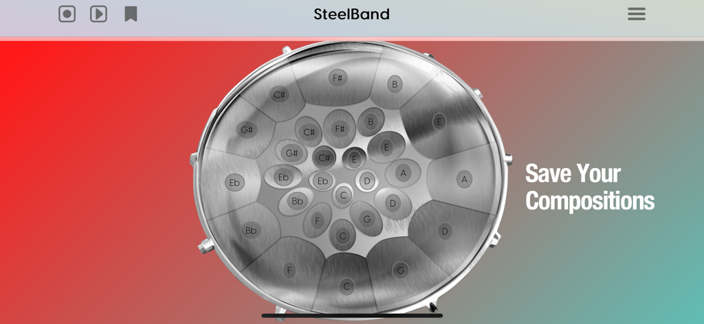 A digital tenor steel pan interface with musical note labels and text that says Save Your Compositions