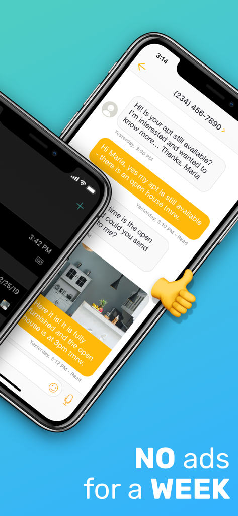 Free Tone app screenshot showing a text message conversation about an apartment listing with an image attachment