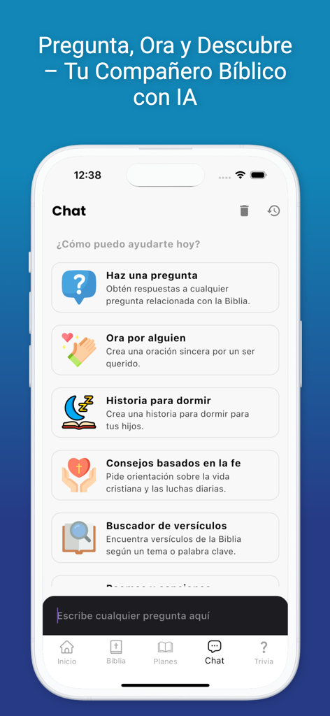 La Biblia Reina Valera 1960 IA - Écran de chat de l'application Bible espagnole avec des options d'orientation spirituelle alimentées par l'IA comme la prière et la recherche de versets