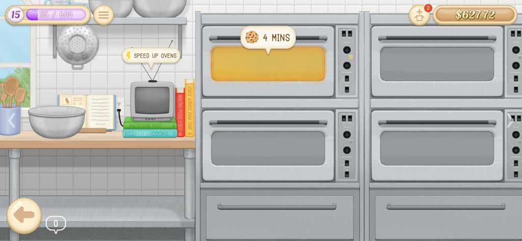 Baker Business 3 - A cozy bakery kitchen in Baker Business 3 showing ovens baking cookies and a mixing station with a recipe book.