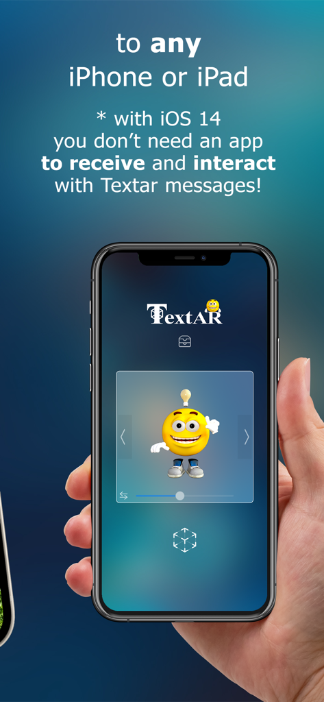 Hand holding a smartphone showing a 3D animated emoji in the Textar AR messaging app