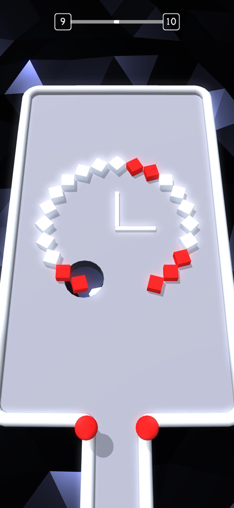 Un agujero negro tragando cubos 3D blancos en un tablero de juego minimalista mientras evita obstáculos rojos